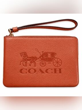 Coach Coral Pink Pebbled Leather Wristlet Large Logo Zip Pouch Clutch Bag